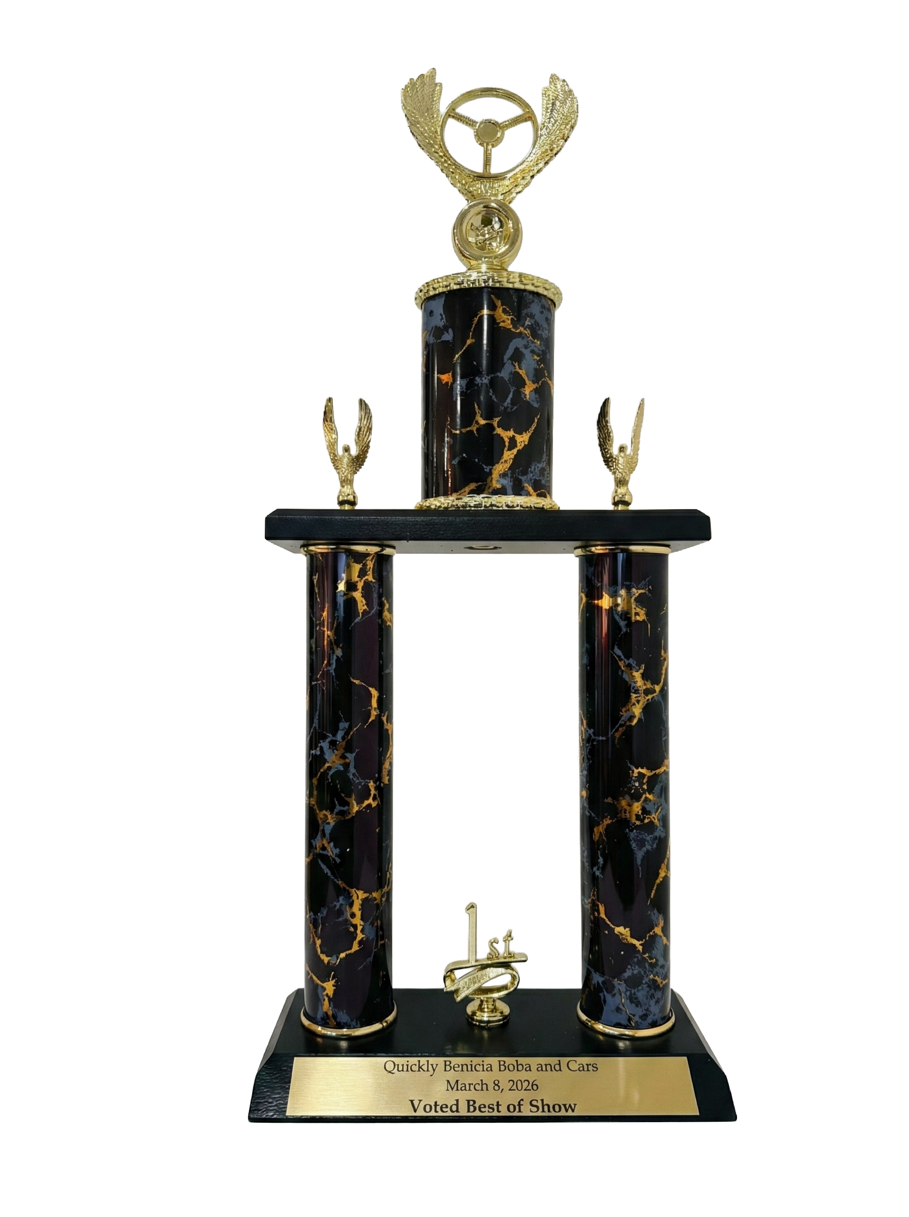 20-inch Best of Show trophy for Quickly Benicia Boba and Cars, March 8, 2026 - featuring black and gold marble columns with a steering wheel topper